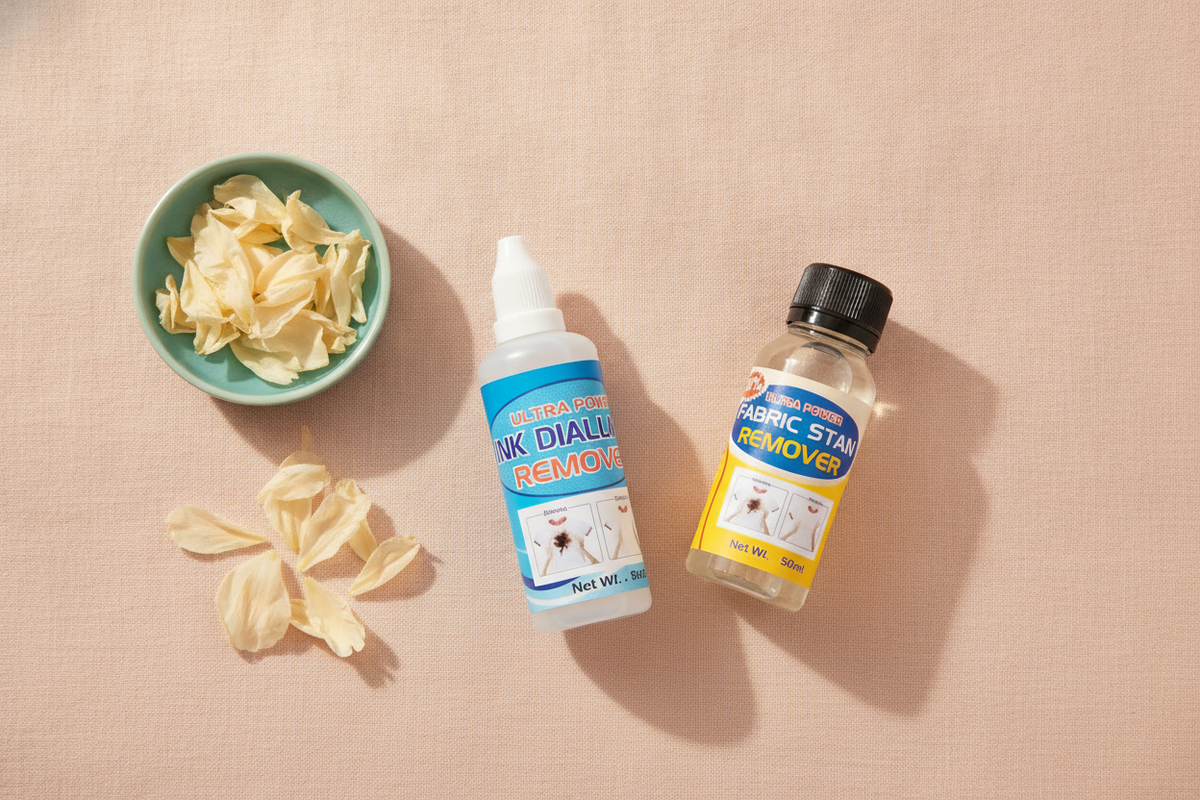 Two 50ml bottles of All In One Fabric Stain Remover on a soft peach linen surface, with a teal ceramic dish and cream flower 