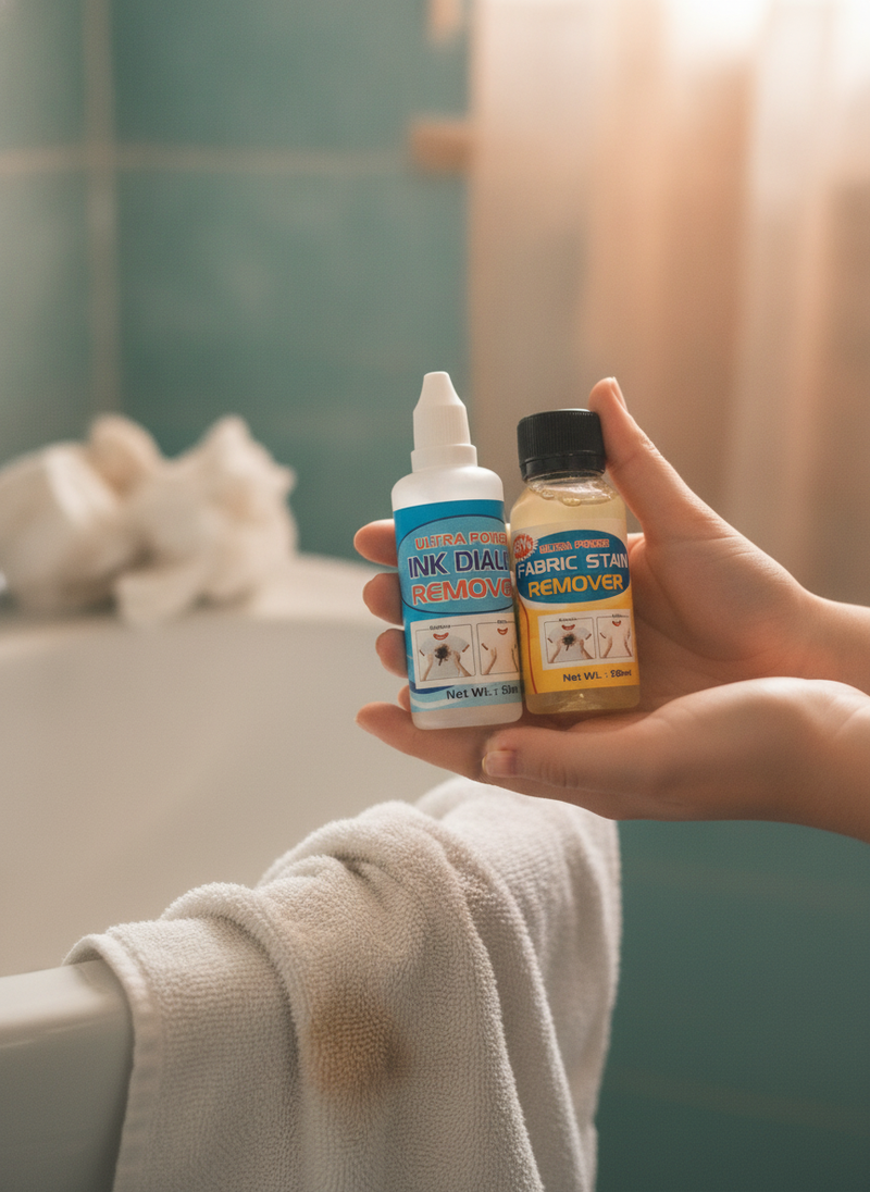 Hands holding two small bottles of fabric stain remover in a bathroom, with a subtle mess in the background.