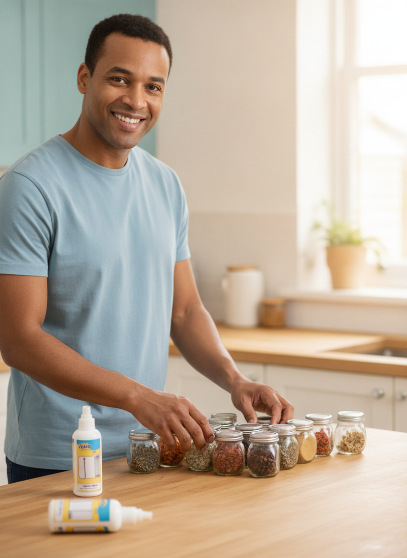 A man smiles candidly in his kitchen, organizing spices on a cleared counter, with two bottles of fabric stain remover visibl