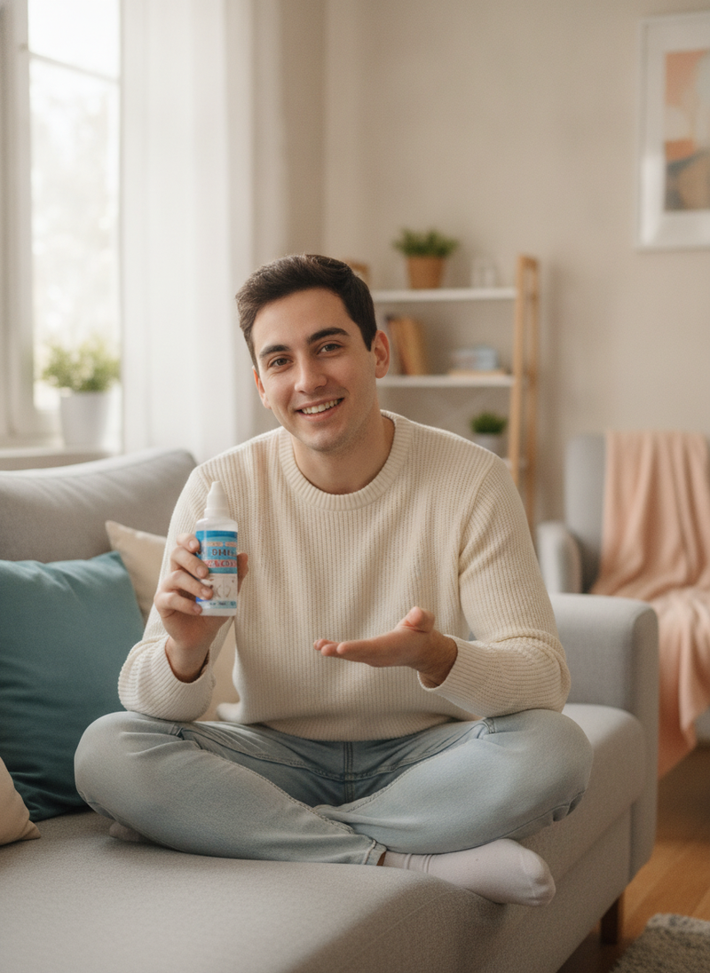 A person holds a 50ml bottle of All In One Fabric Stain Remover in a naturally lit home, subtly conveying satisfaction.
